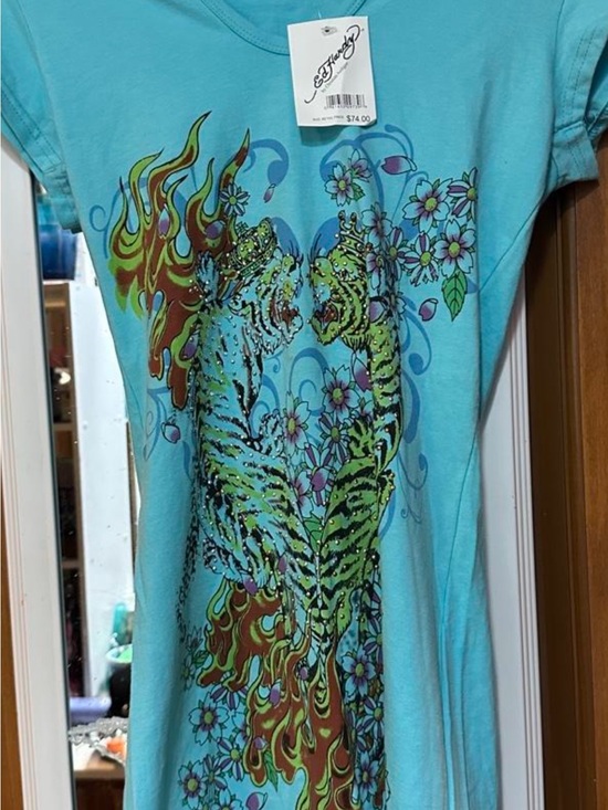 Ed Hardy Tops - Ed Hardy Turquoise Short-Sleeve Tiger Graphic Tee with hood